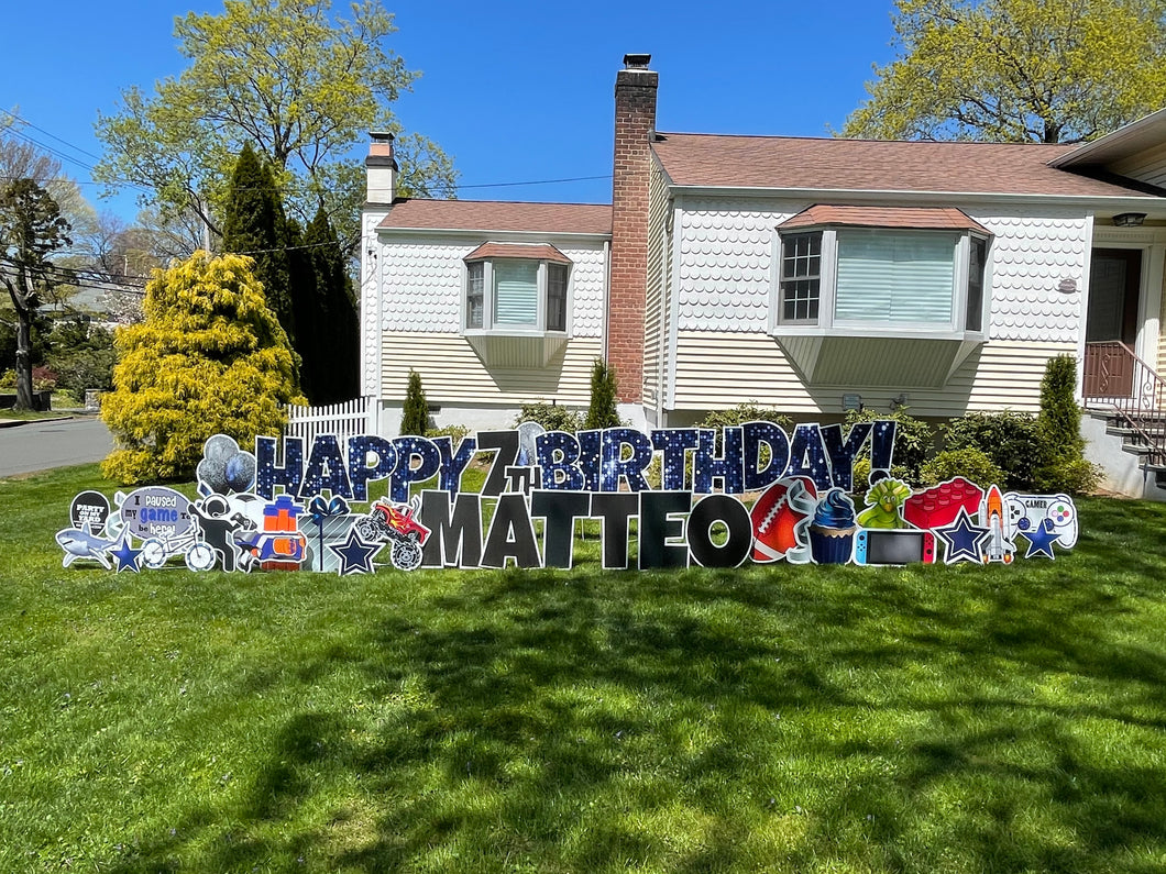 'Matteo' Navy Blue Birthday Theme with Toy, Gamer and Sport Icons